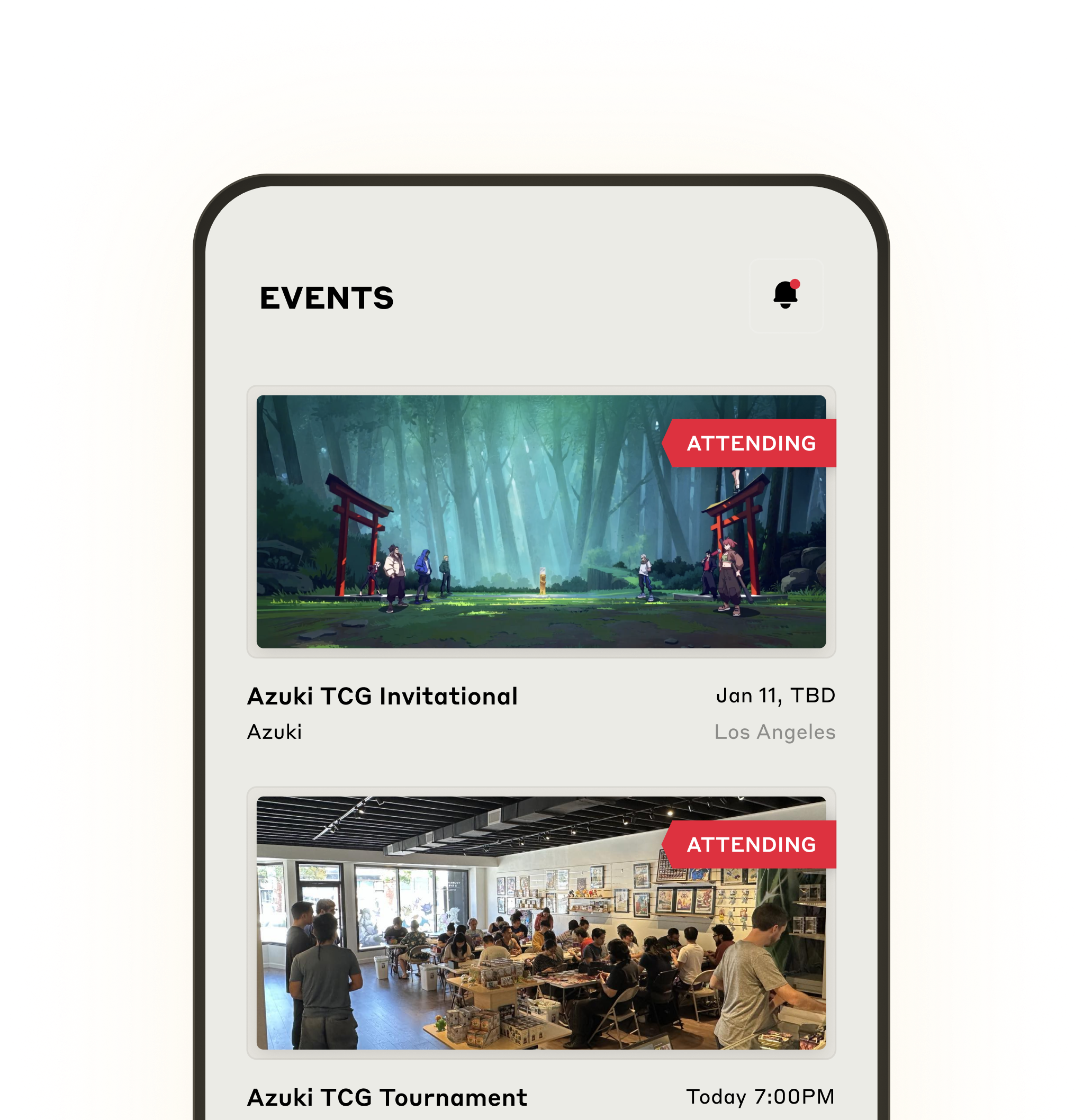Azuki TCG events app screen